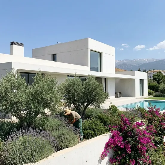 Jardinero arreglando el jardín de un chalet en Granada